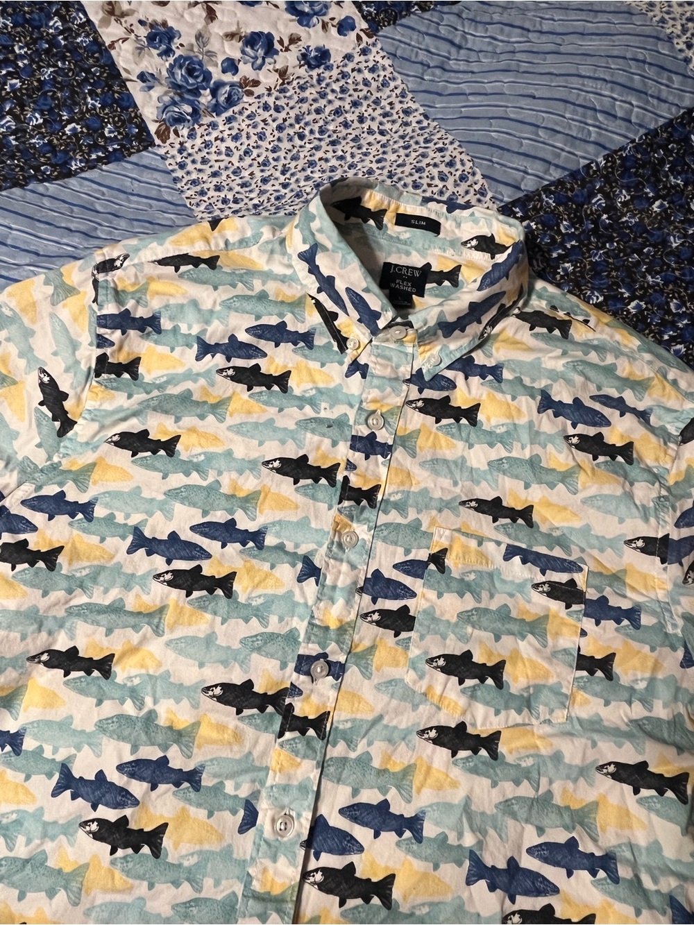 J. Crew Men’s Button-Down Fish Print Shirt — Blue, Yellow, Black